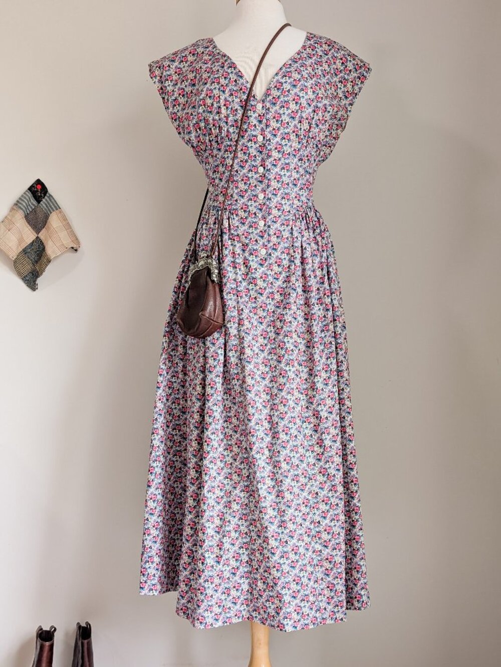 Vintage Floral Button Front Cinched Waist Cotton Midi Dress Size Small 80's - Picture 4 of 11